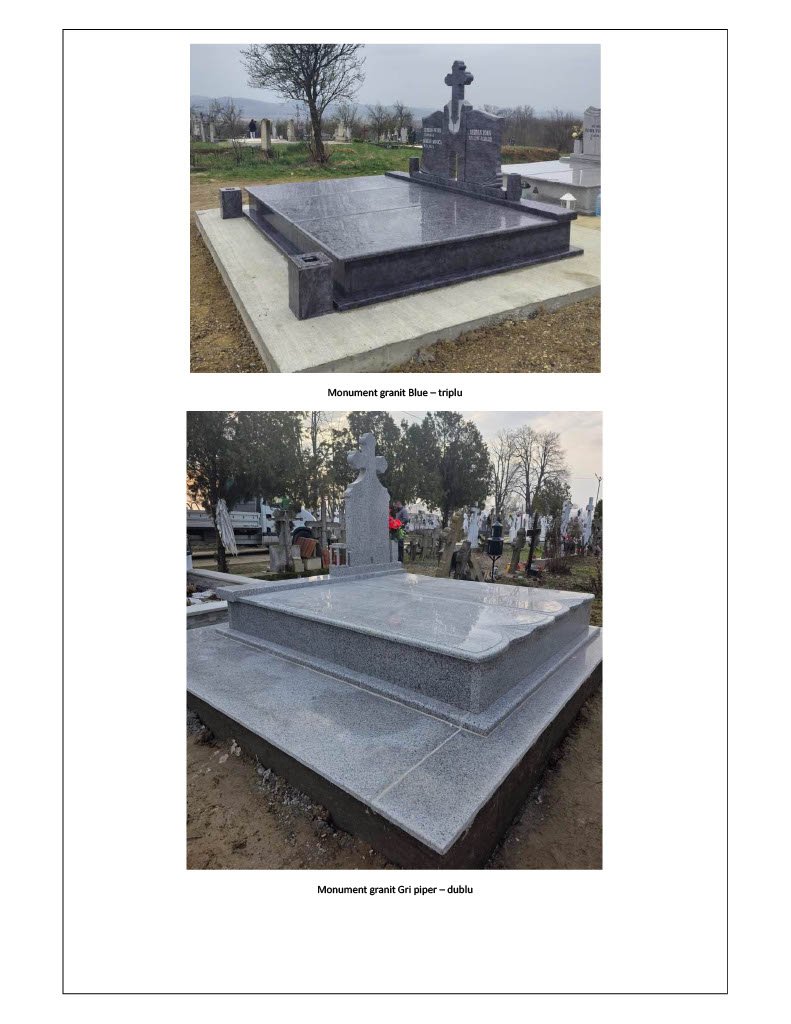 Planșă cu monument funerar triplu din granit albastru și monument dublu din granit gri