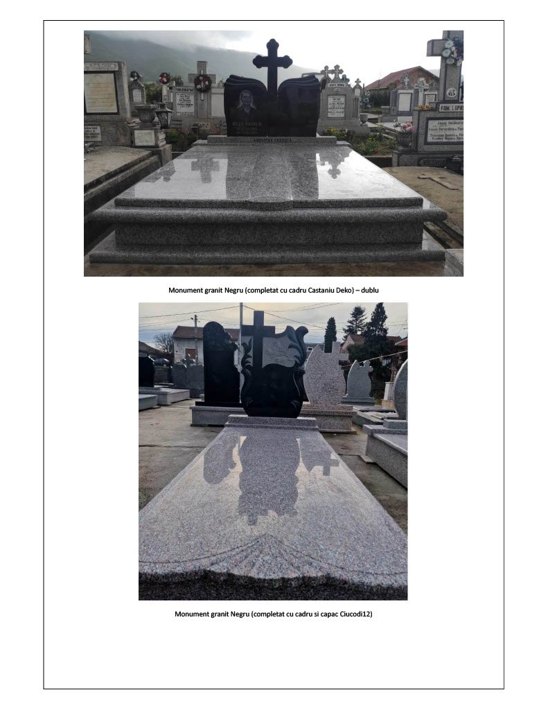 Planșă cu două monumente funerare din granit gri și negru, cu capace și cruci decorative