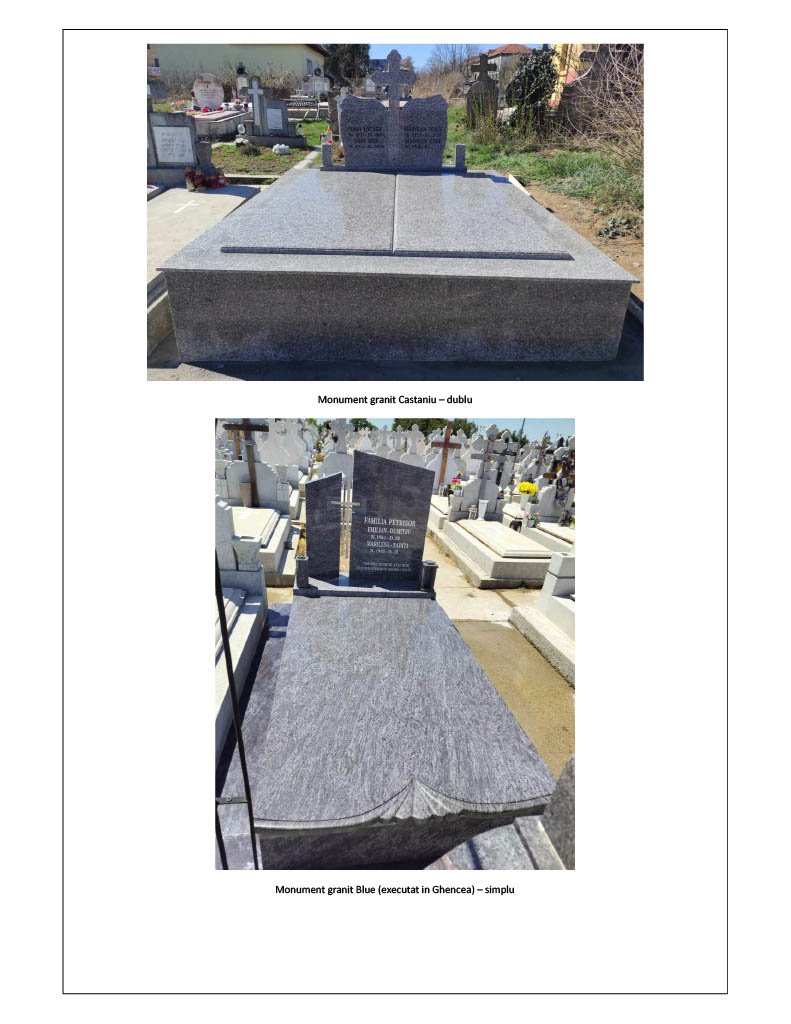 Planșă cu monument funerar dublu din granit castaniu și monument simplu din granit albastru