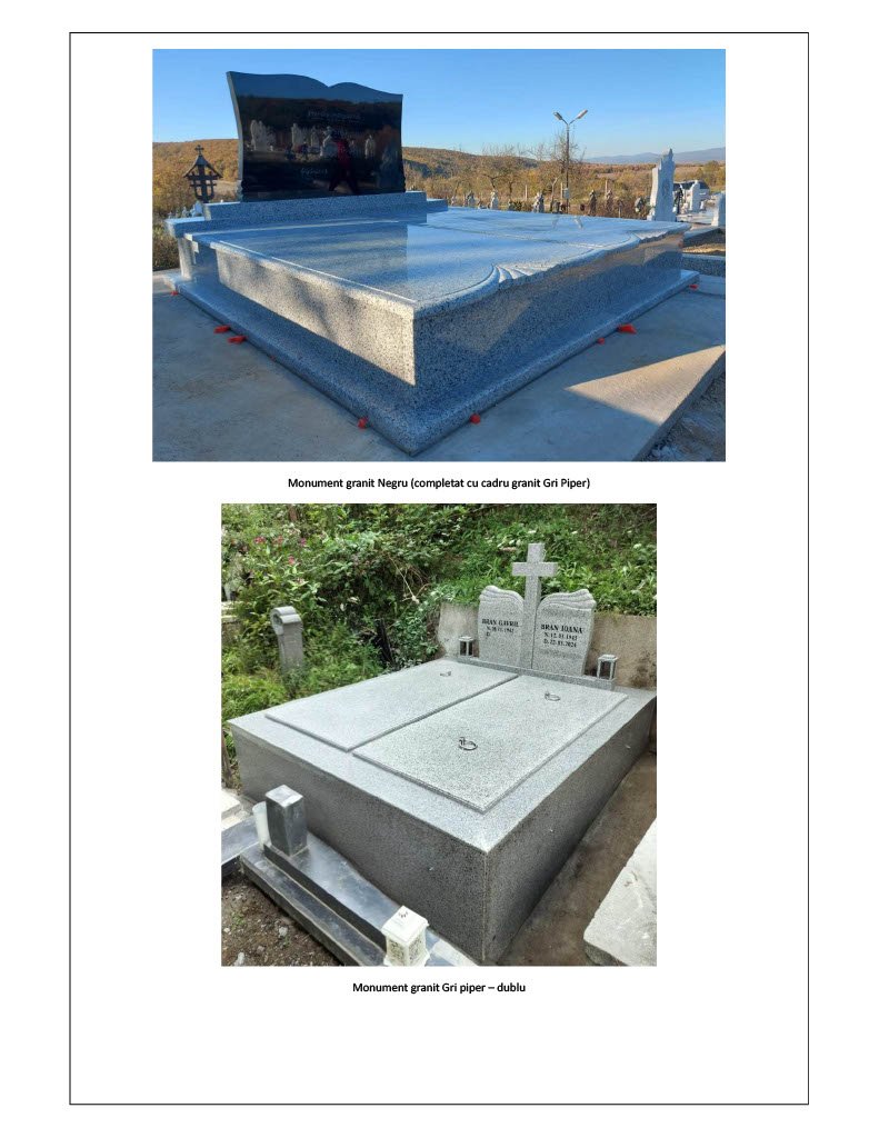Planșă cu două monumente funerare duble din granit gri, unul cu placă memorială neagră