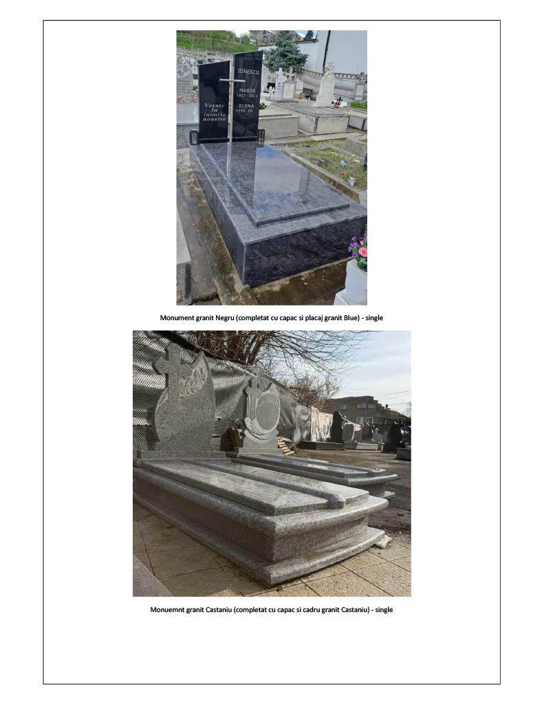 Monumente funerare din granit prezentate în diferite configurații