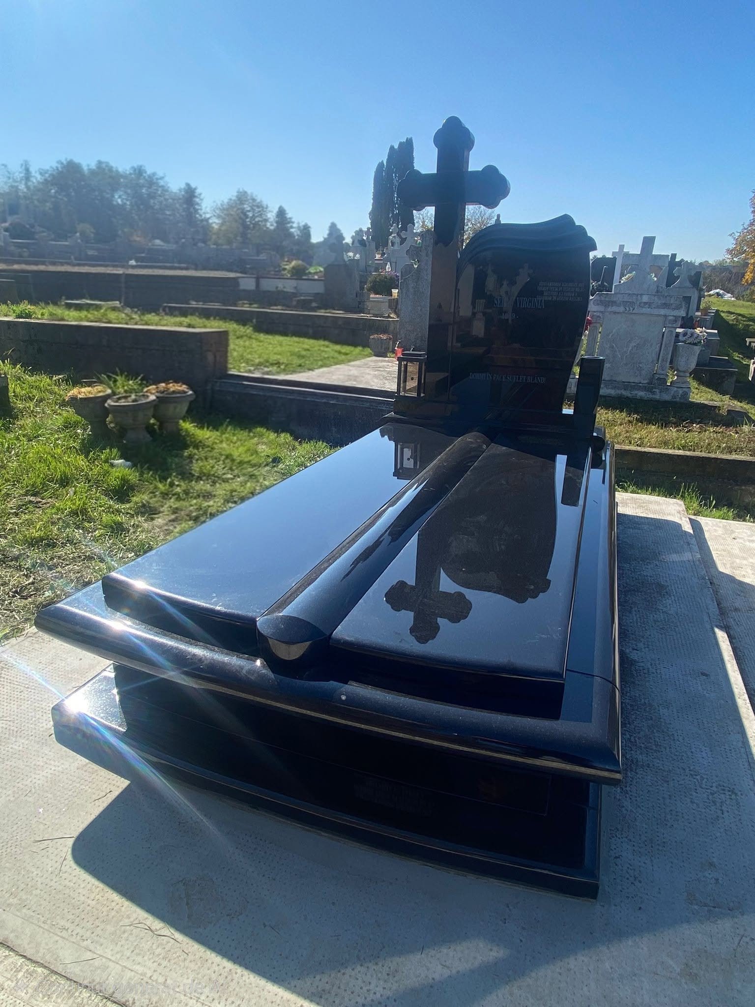 Cruce din granit negru într-un ansamblu funerar
